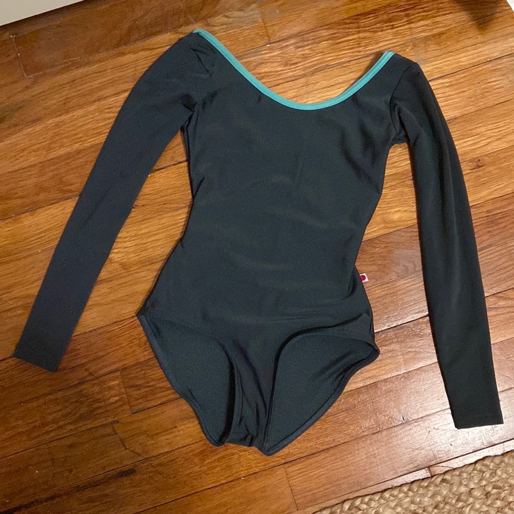 Yumiko Leotard  Long Sleeve Gray w/ Teal Trim